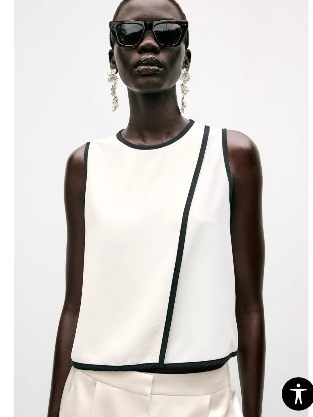 Zara Contrast Trim Crepe Sleeveless Top - White with Black Trim